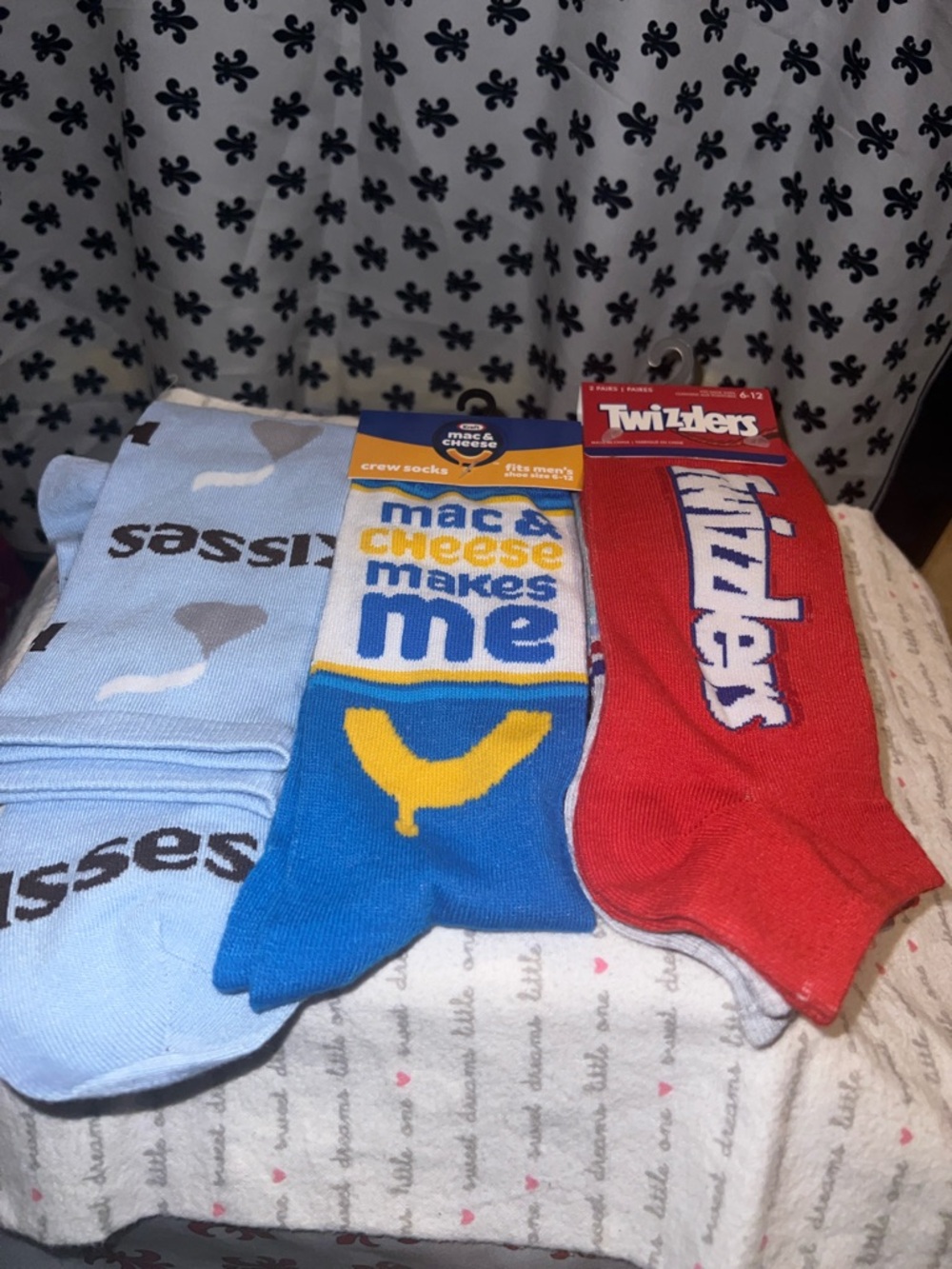 Novelty Men's Crew Socks - Light Blue, Bright Blue & Red - Assorted Snack Themes